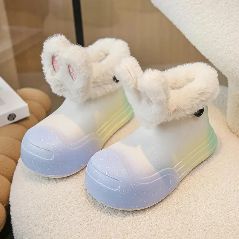 Boots 2024 Winter Versatile Plush Cute Gradient Color Princess Shoes Girl Short Sleeve Round Head Waterproof Kids