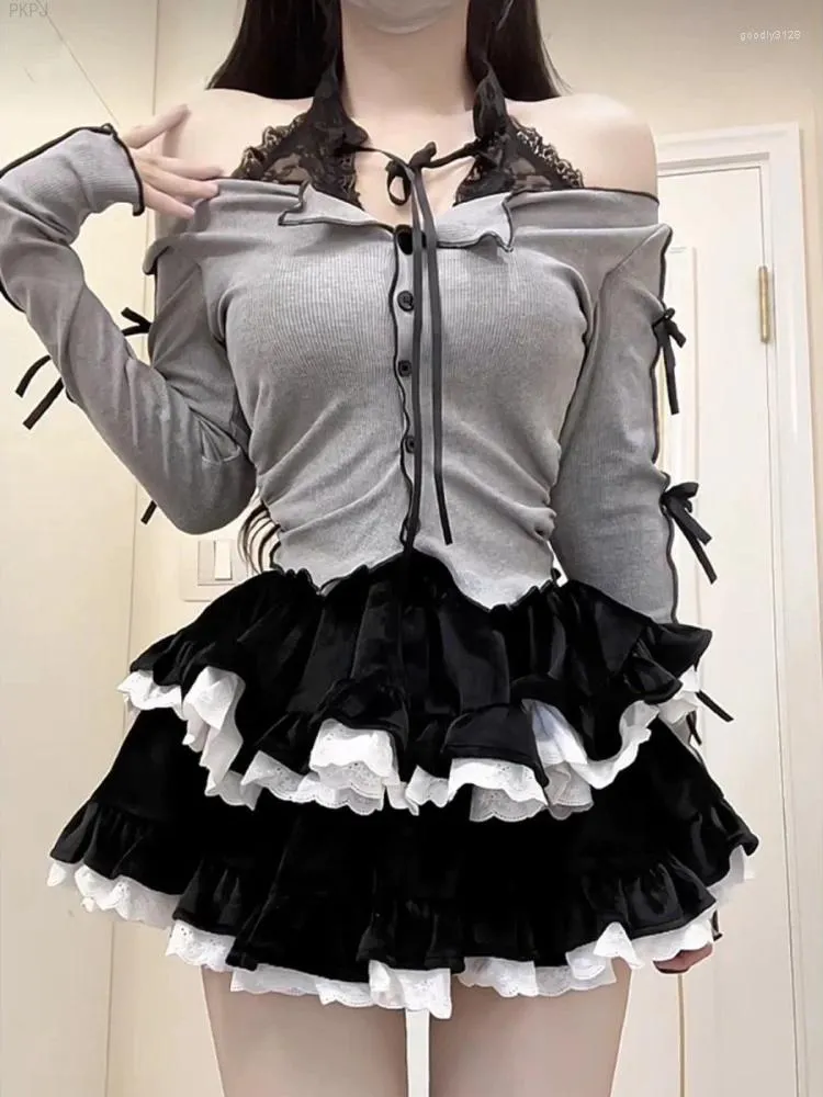 Vestidos de trabalho japonês kawaii lolita saias terno feminino doce rendas retalhos conjunto de duas peças feminino blusas de manga longa preto festa mini