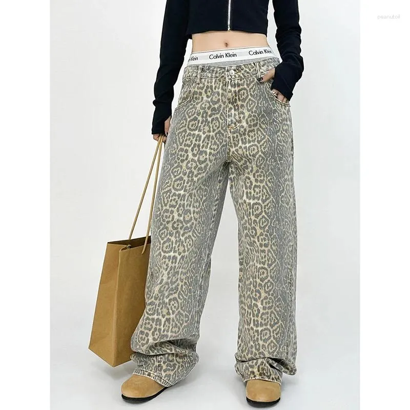 Jeans pour femmes American Retro High Street Salopette décontractée Imprimé Léopard Pantalon à jambes larges pour femmes Y2K Hip-Hop Cargo Grunge Baggy