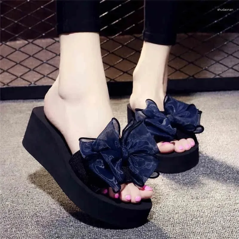 Slippers Wedges Platform Flip Flops For Woman Bohemian Style Summer Slipper With Bow Large Size Women's Footwear Chaussure Femm