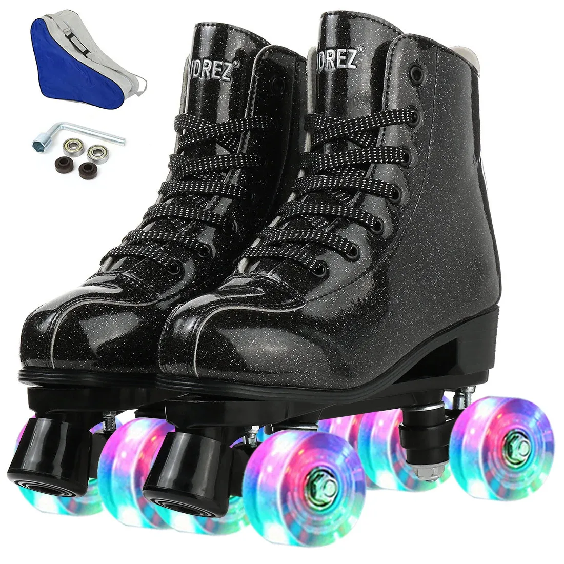 Knipperende Quad Roller Skate Schoenen Pu Leer Kind Jeugd Dubbele Rij Sneaker Wielen Volwassen Sliding Parkour Runaway Schaatsen Sport Gift240129