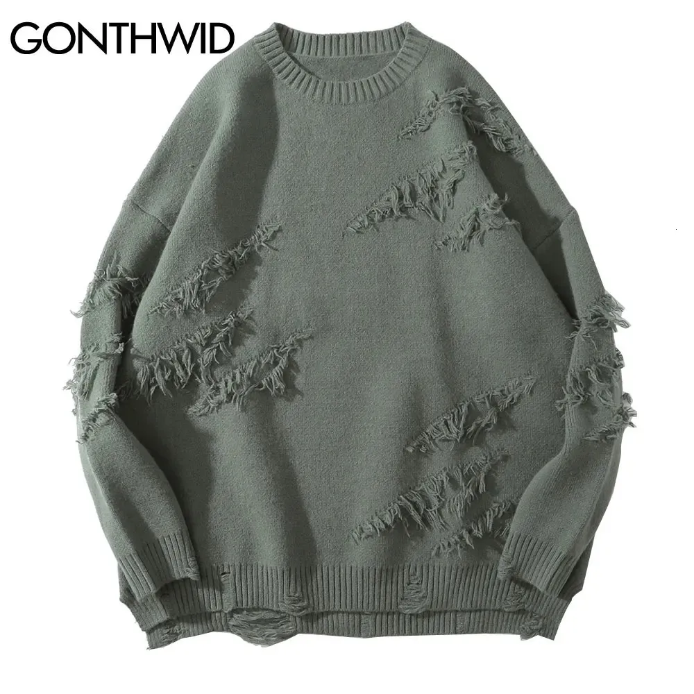 GONTHWID Distressed Destroyed Knitted Jumper Sweaters Streetwear Men Hip Hop Harajuku Fashion Casual Pullover Knitwear Tops 240127