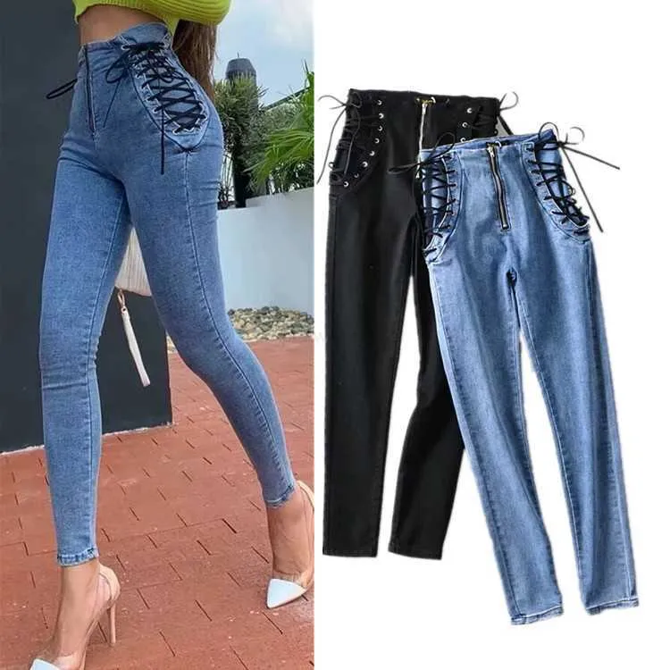 Kvinnor hög midja jeans kvinna sexig svart blå elastisk mager blyertsbyxor kvinna plus storlek blixtlås tvätt denim byxor tjej