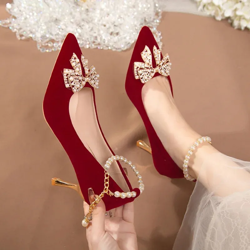 Wholesale Bowknot Heels: Pearl Strap Red Bottom Wedding Shoes