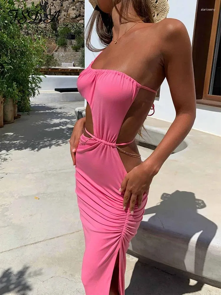 Casual Dresses FSDA Summer Beach Women Bodycon Dress White Backless Bandage Hollow Out Party Sexig Midi Sleeveless 2024