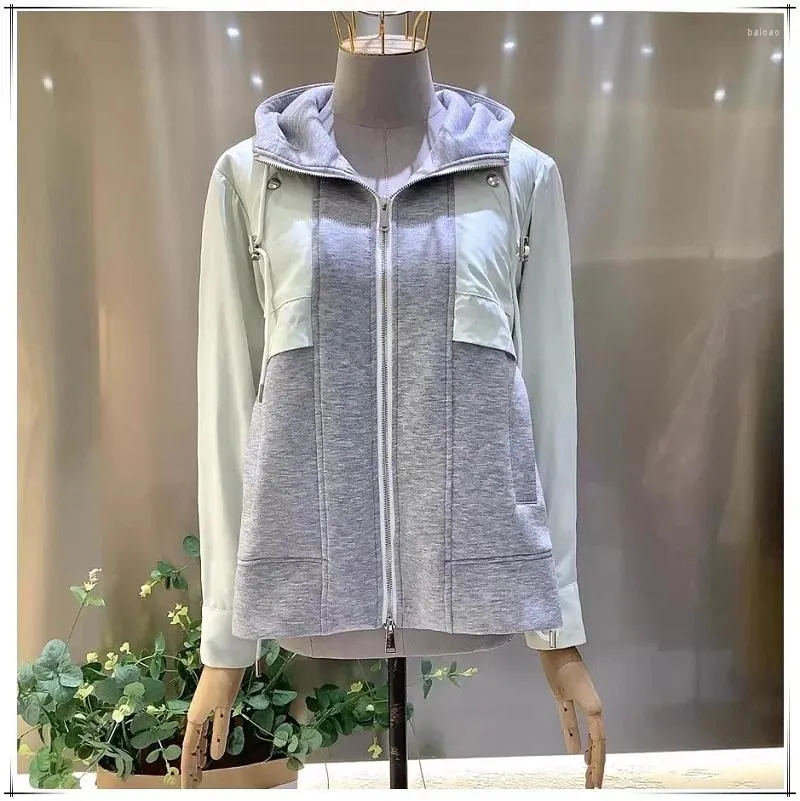 Women's Jackets Top Quality Designer Fashion Coats Outerwear Hooded Ladies Color Block Patchwork Long Sleeve Casual Grey Black Zip