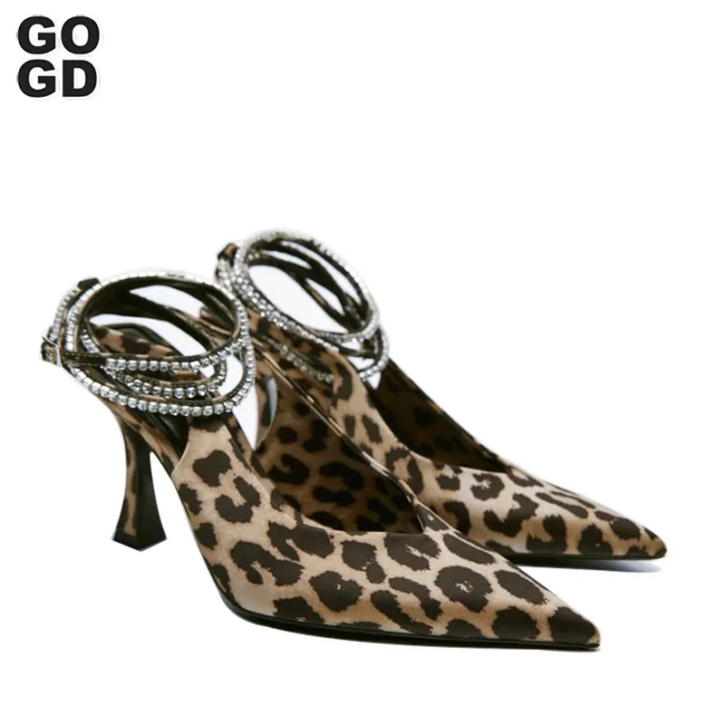 Design Gogd Women Pumps 759 tunn tå snörning med höga klackar strass glänsande leopard spetsiga sandaler modeskor ladie 240125 c