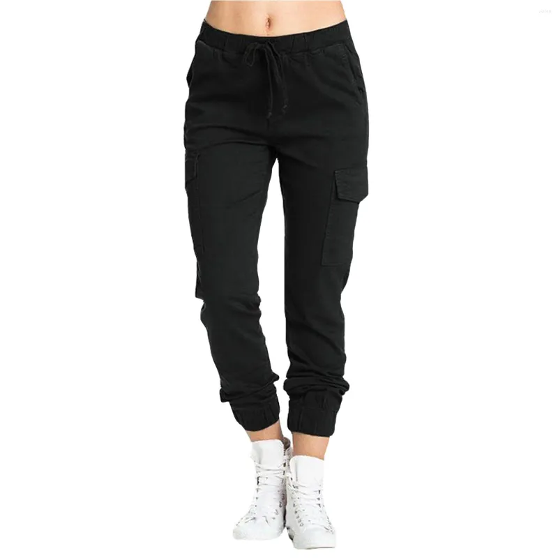 Pantalones de mujer con múltiples bolsillos Cargo informal cintura elástica corsé pantalón de cuerda pantalones de Color sólido pantalones femeninos