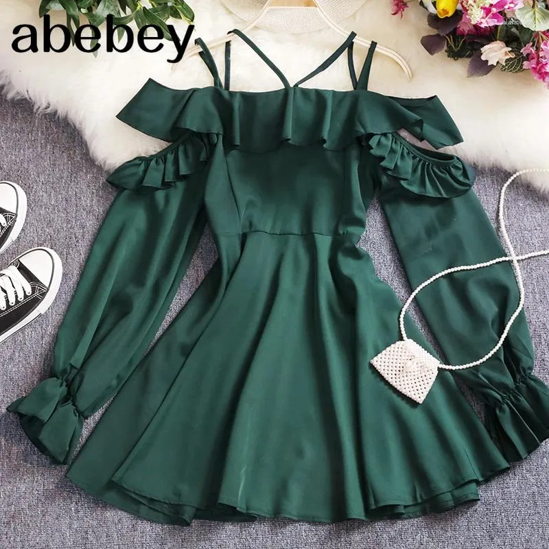 Casual Dresses Spring Fahsion Women Sexy Off the Shoulder Hollowing Out Axless Dress Ladies Puff Sleeve Spaghetti Strap Slim