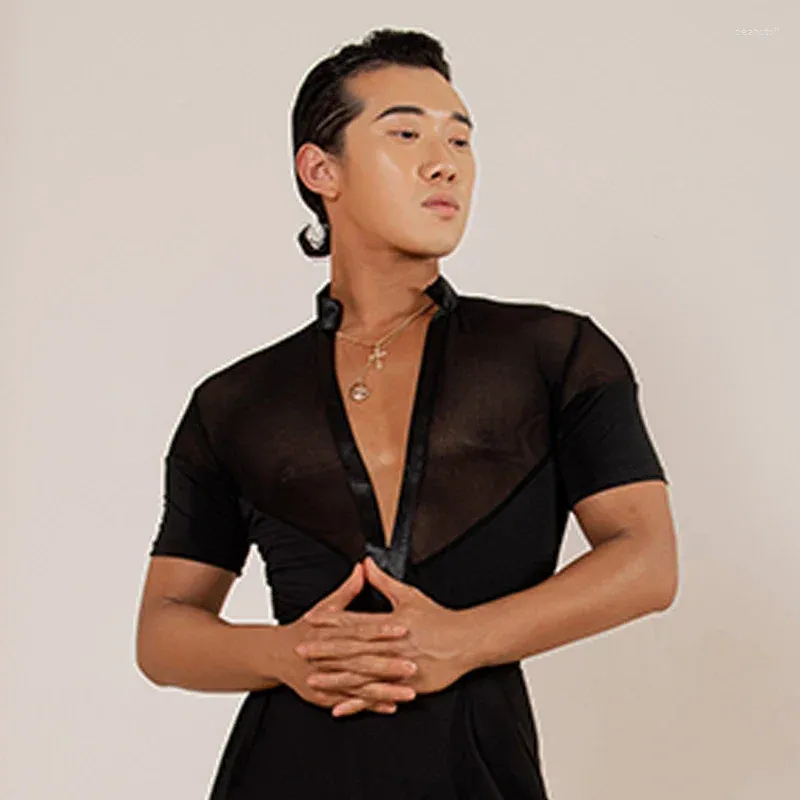 Stage Wear Latin Dance Clothes For Men Short Sleeves Black Ballroom Tops Practice Performance Shirts Adult Salsa Costume BL11201