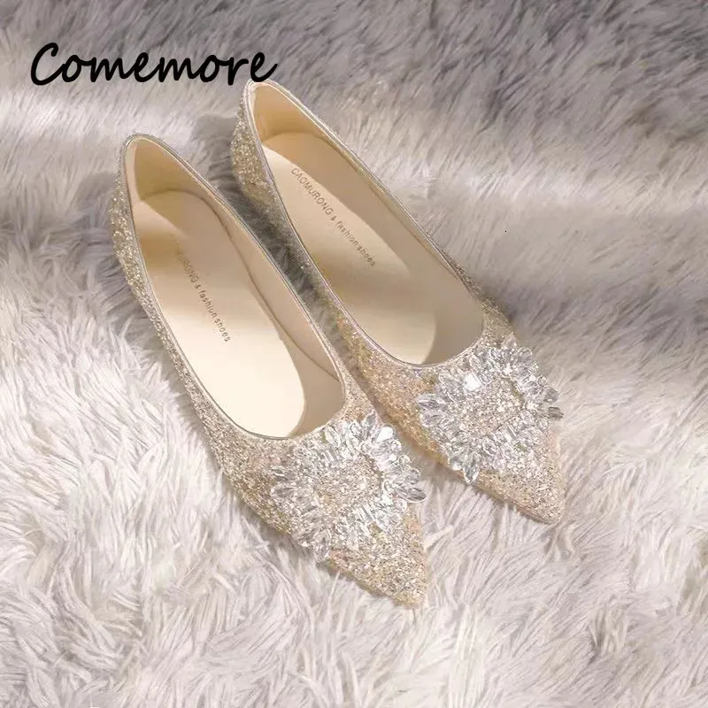 Comemore Champagne Color Flat Shoes Female Autumn Summer Silver Silver Low Heel Rhinestone Wedding Bridal Pumps 240125