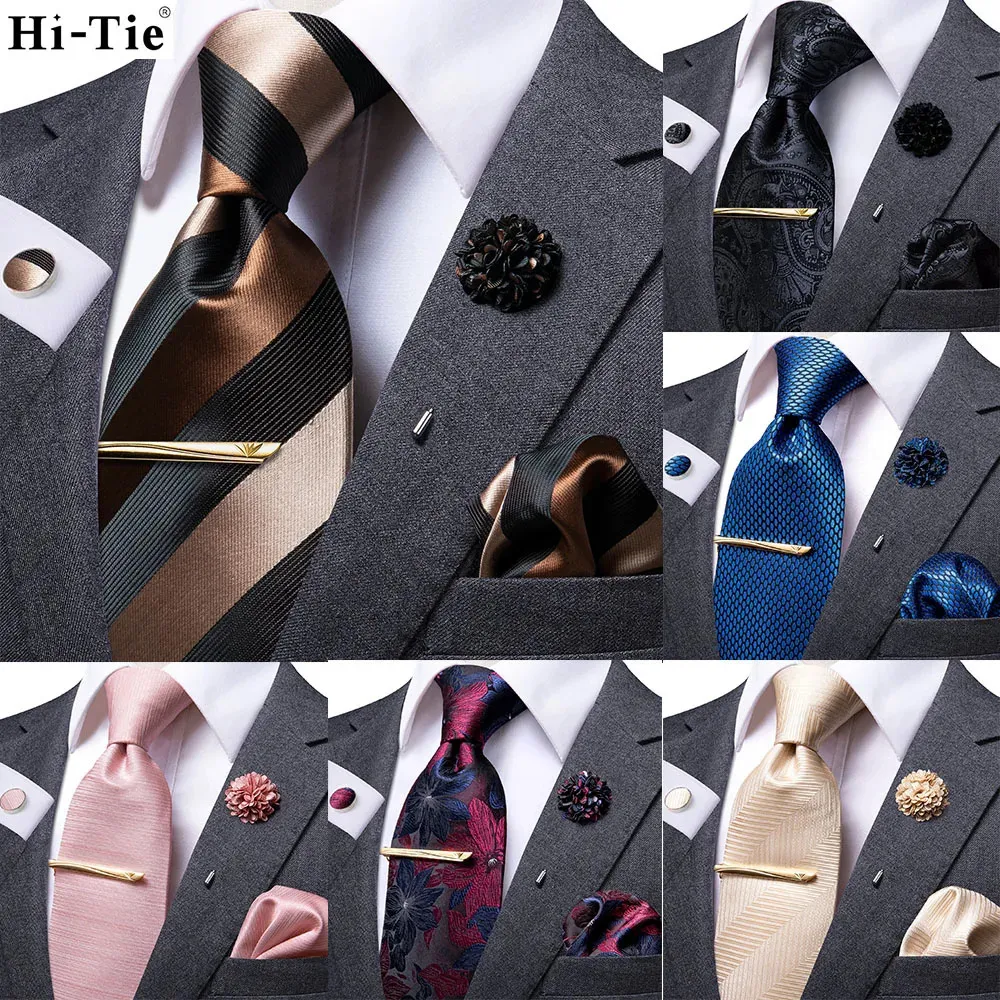 Hi-tie negócios marrom preto listrado gravata para homens de seda elegante clipe broche hanky cufflink conjunto presente para homem gravata de luxo 240119