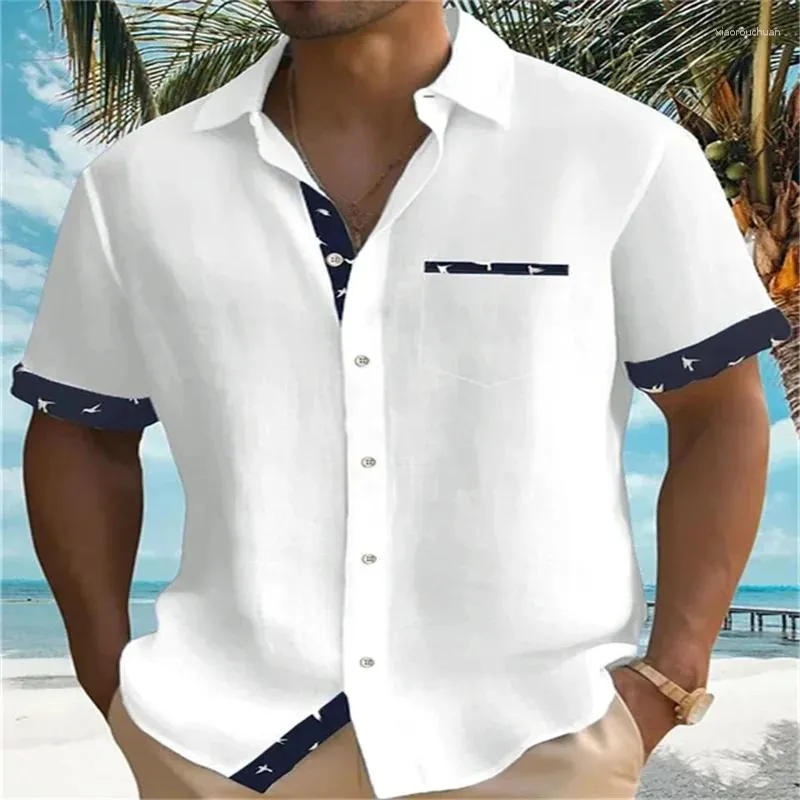 Mäns casual skjortor hawaiian skjorta 2024 sommar fast färg kort ärm strand semester t-shirt extra stor ficka 5xl