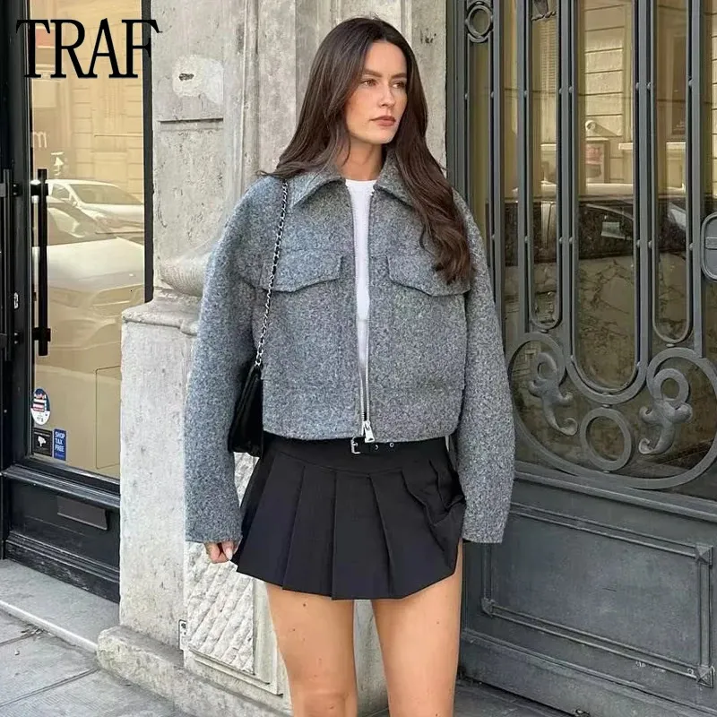 TRAF Tweed Cropped Jacket Women Grey Zip Oversize Jacket Woman Long Sleeve Casual Jackets for Women Streetwear Soft Coats 240125