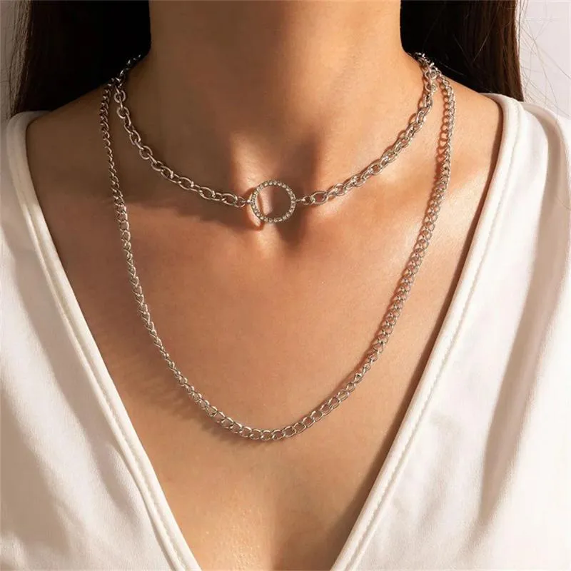 Pendant Necklaces Fashion Silver Color Metal Thick Chain Crystal Round Necklace For Women Vintage Punk Multilevel Cute Girl Gift Jewelry