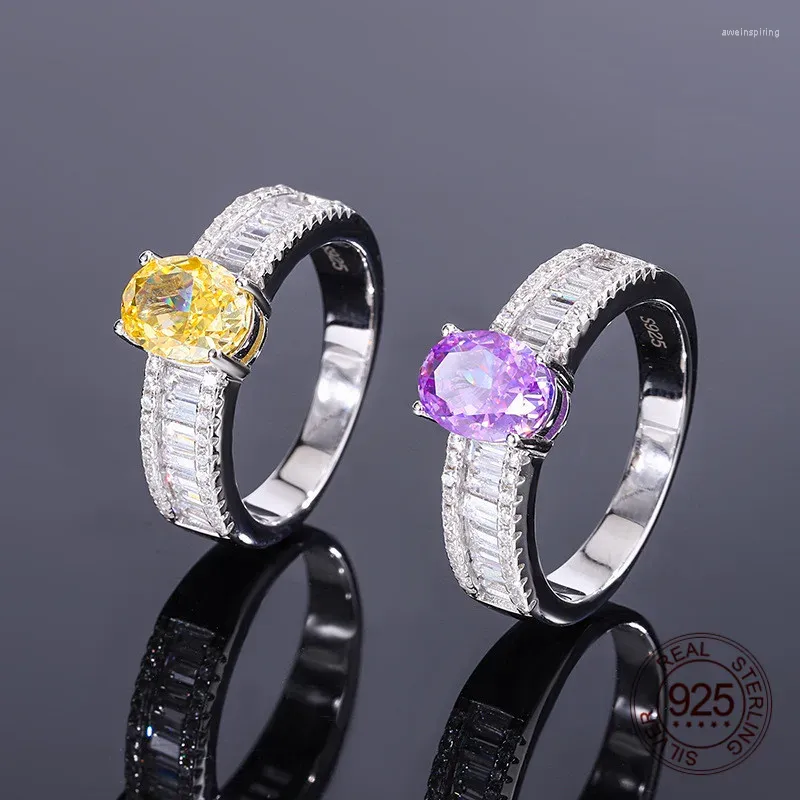 Cluster Rings 925 Sterling Silver Jewelry 6x8mm Oval Yellow Citrine Purple Violet Cubic Zirconia Wedding Band Ring For Women