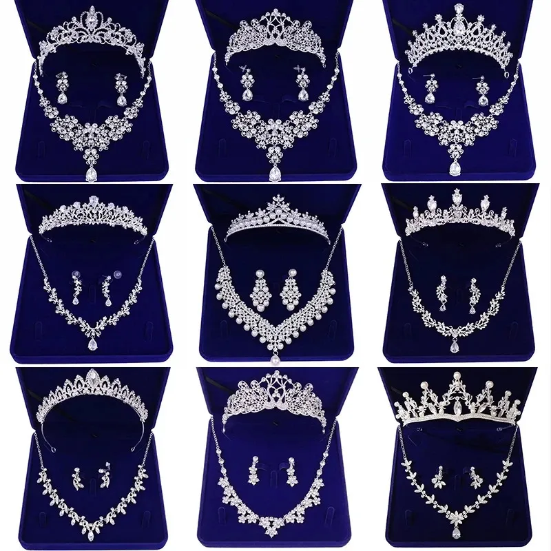 Mode Zirkon Brautschmuck Sets Hochzeit Krone Halskette Mit Ohrringe Pin Perle Kristall Tiara Und Kronen Haarschmuck Frauen 240202