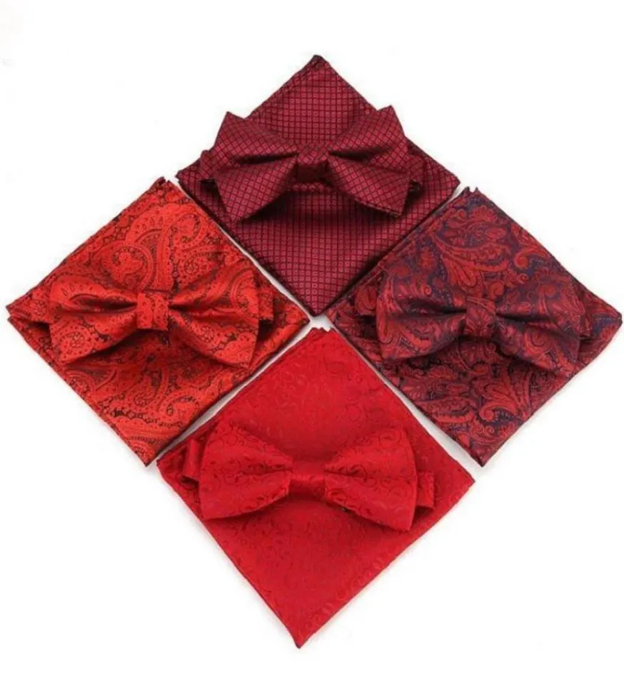 Paisley Bow Tie Cliskerchief Set Polyester Wedding Bowknot Hanky ​​مجموعة للرجال الأعمال الكاجو الحزب الفراشة مربع Red 2Se1505127