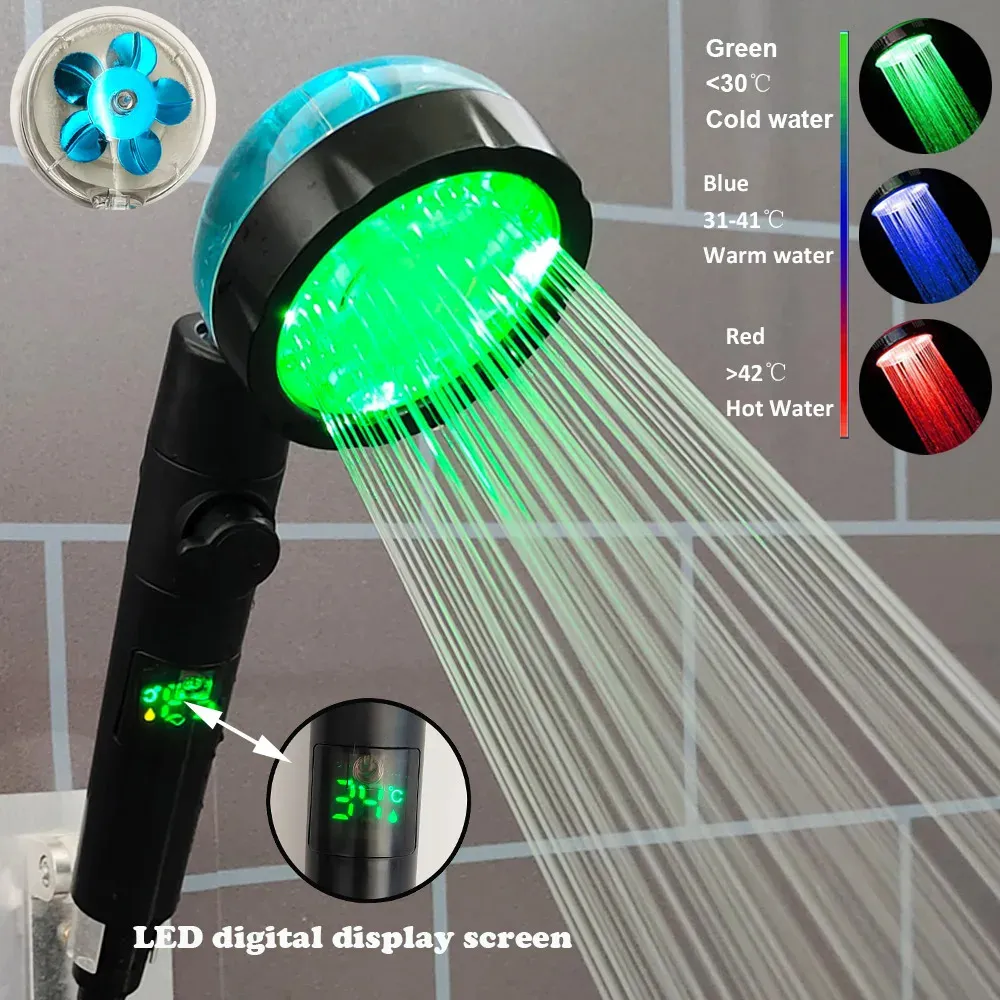 Cyfrowy wyświetlacz temperatury LED głowica prysznicowa 37 Kolory Zmiany pod prysznicem pod prysznicem wysokiego ciśnienia Turbo łazienka ręka prysznicowa dysza 240122