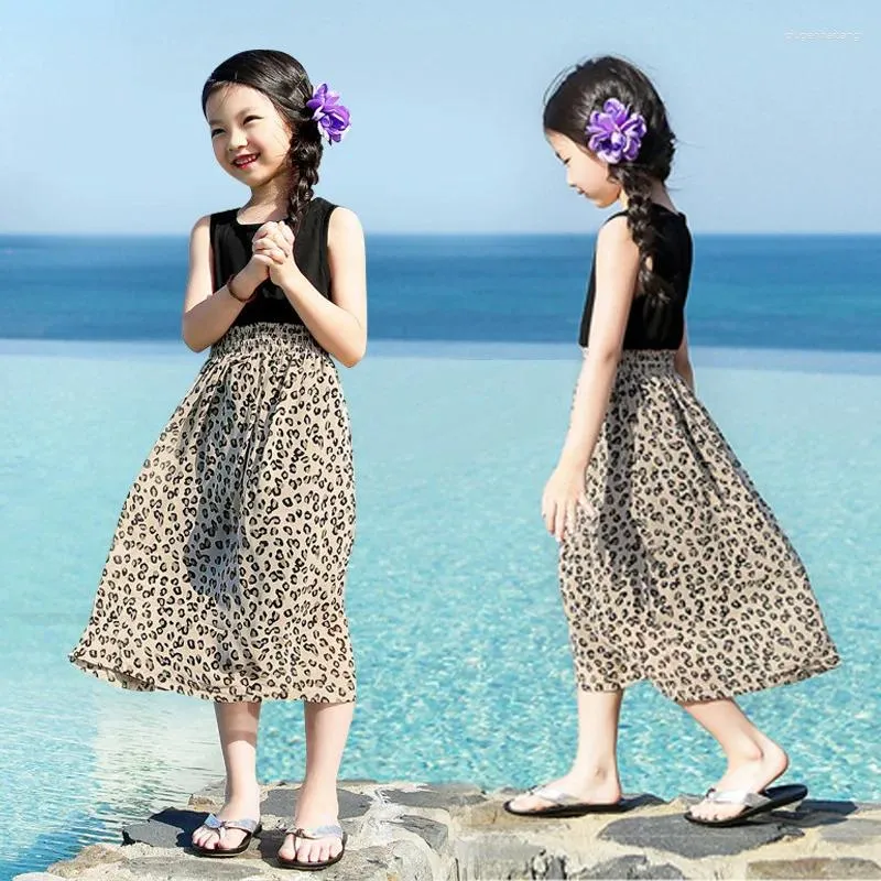 Vestidos de menina 2024 estilo coreano vestido maxi sem mangas com estampa de leopardo para meninas grandes: vestido de verão chiffon