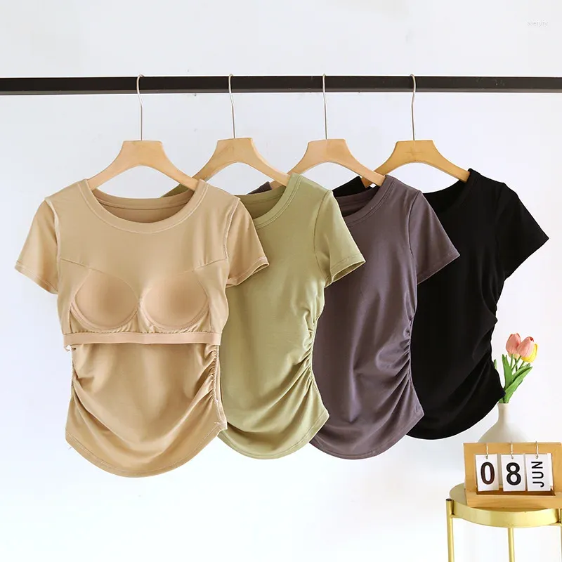 Women's Tanks T-Shirts Solid Color Short Sleeve With Padded Bust Wireless Base Layer Tops Slim Ruched Soft Female Outwear C5701