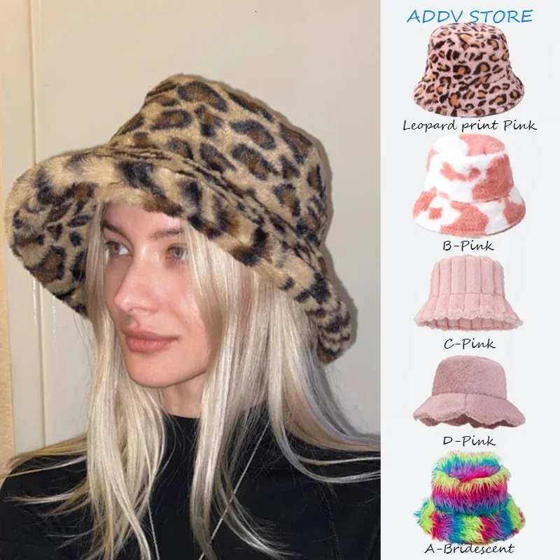 Ins Autumn and Winter Leopard Print Mönster Fisherman Hat Womens Fleece Thick Cow Print Pot Hat mode mångsidiga bowler Caps 240202