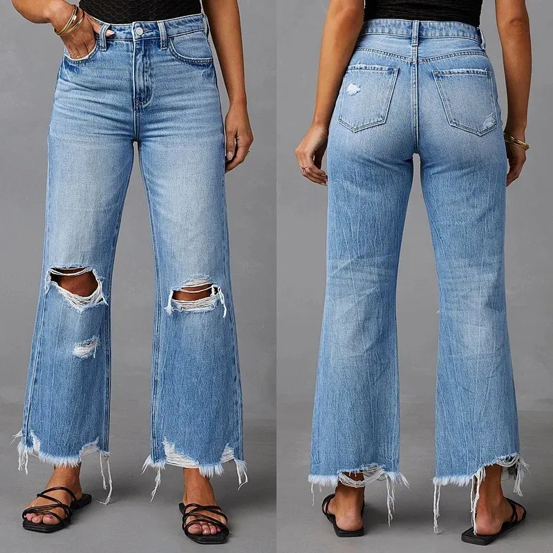 Spodnie Wideleg Frędzane umyte rozryte otwory długie dżinsy proste zwykłe spodnie dla kobiet 240123