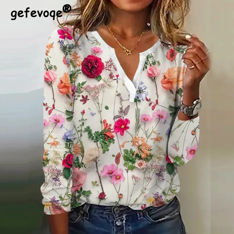 Abbigliamento da donna Stampa floreale vintage Magliette eleganti Primavera Autunno Y2K Magliette casual Moda scollo a V Manica lunga Magliette allentate S5XL 240129