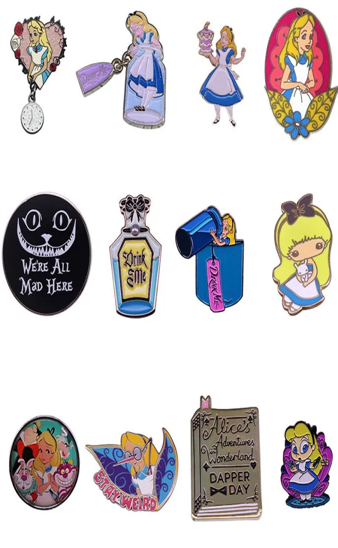 Desenhos animados anime linda menina alice no país das maravilhas esmalte pinos broches crachá moda jóias lapela mochila sacos presentes6194644