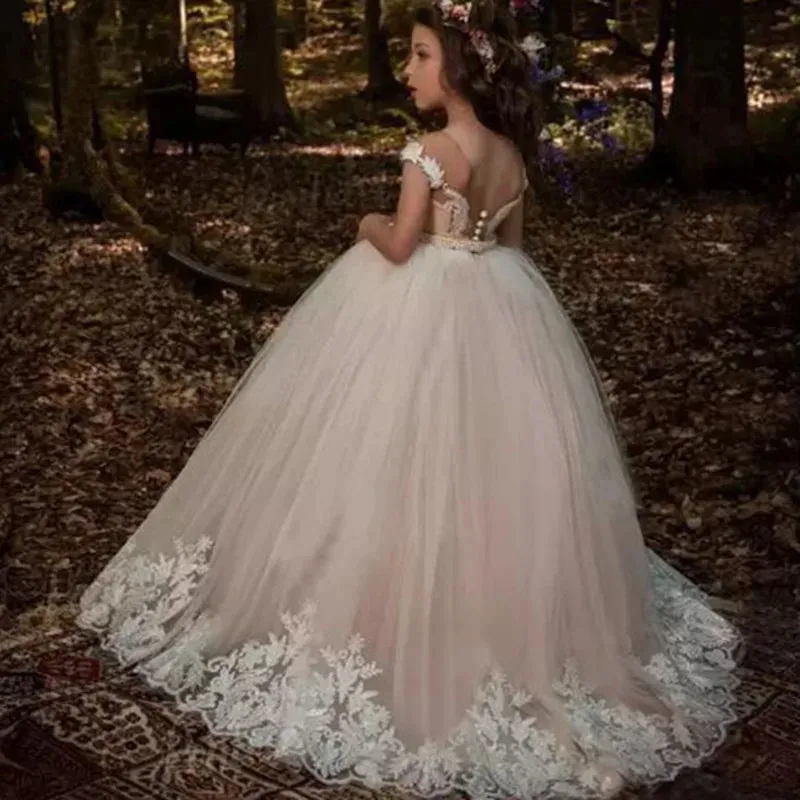 Eleganta ruffles bollklänning Flower Girl Dresses 2023 Crystal Kids Princess For Weddings Party Pageant -klänningar Vestidos de Fiesta 240126