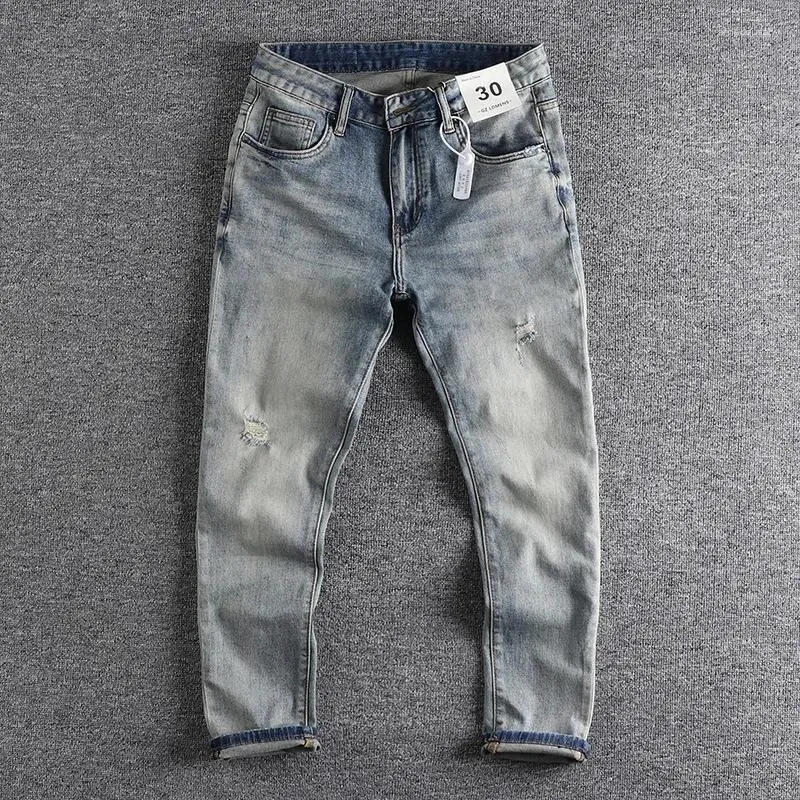 Jeans masculinos 2024 retro desgastado olhando lavado rasgado moda desgaste lápis calças estiramento confortável cortado