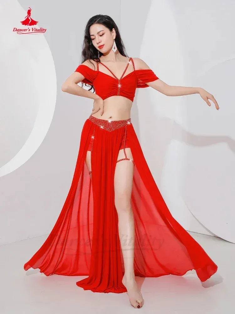 Belly Dance Professional Suit for Women Mesh Short Sleeves Topsexy Split Long Skirt 2pcs Girls Oriental Belly Dancing Suit 240202