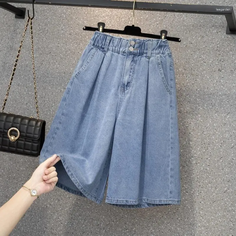 Damenjeans, Sommer, Damen-Denim-Shorts, Übergröße, hohe Taille, weites Bein, knielang, lässig, locker, Damen, Blau, S-5XL