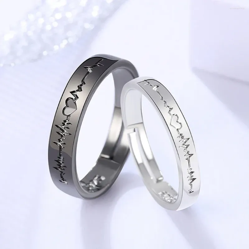 Wedding Rings 2PCS Black White ECG Electrocardiogram Copper Plated Platinum Couple Ring Resizeable Finger Jewelry Wholesale