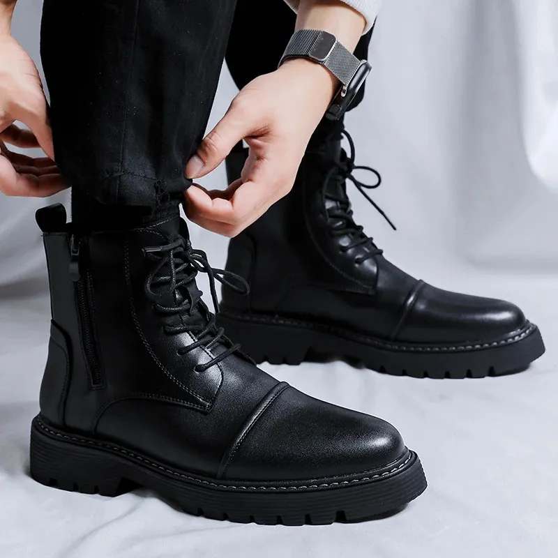 Mens Brand Shoes Leather Retro Men's Boots Leather Ankle Boots Motorcykel Cowboy Boot Show Bar Fashion Lace Up Long Boots Moto 240126