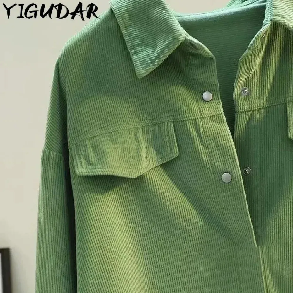 Avocado Green Midlength Corduroy Shirt Womens Spring Loose Thickened Double Pocket Coat Cardigan Women 240130