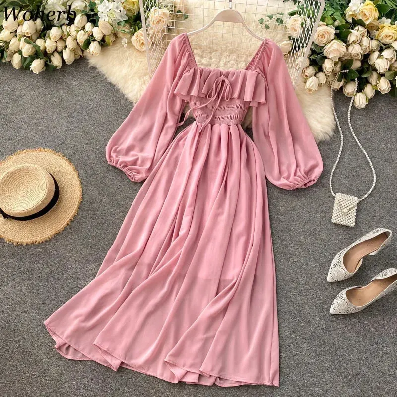 Womens Fashion Elegant Square Neckline Maxi Dress Womens Solid Chiffon Puff Sleeves Dress 2024 Korean Fashion Retro Ruffled Tank Top 240210