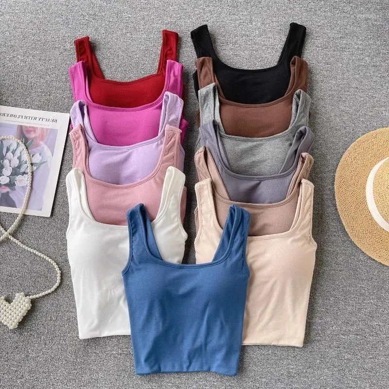 Women's Tanks Spaghetti Strap Women Tank Top Sales Square Collar Build In Bra Bare Midriff Backless Camis Summer Casual Female Gallus