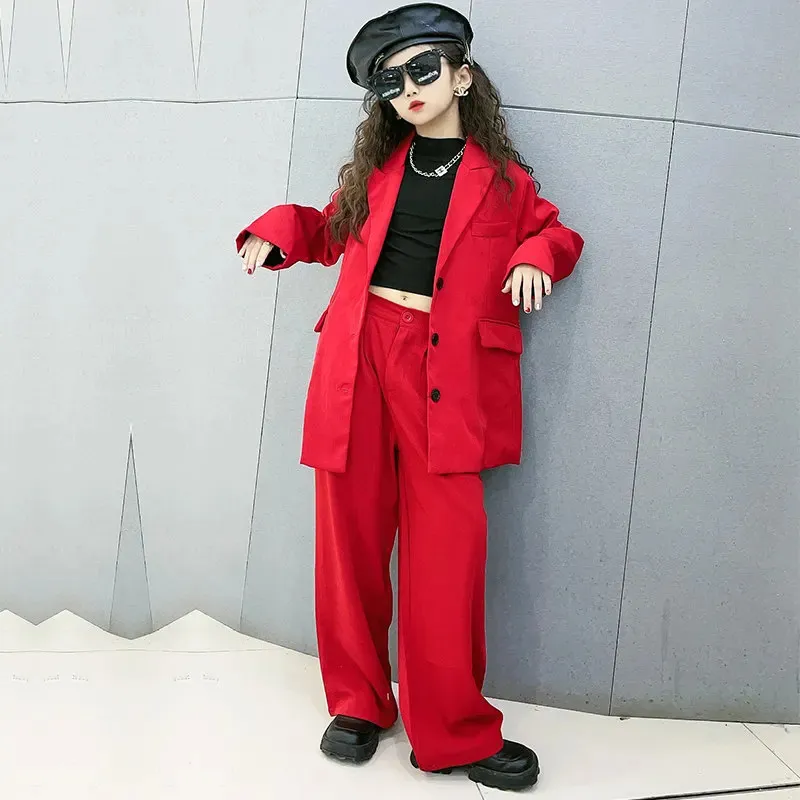Girls' Red Blazer Suit Set Stylish Kids' Jacket Pants Outfit,  Fashionable Formal Wear for Teens (5-14 Years) Spring/Autumn