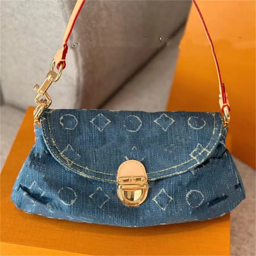 Designer bolsa de ombro axilas saco feminino cowboy para high-end velho vintage denim sacos baguette bordado azul bolsa