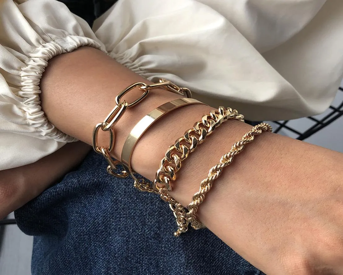 Fashion bracelet chain for Women Golden fourpiece suit exaggerated alloy thick gold love Party gift whole6447568