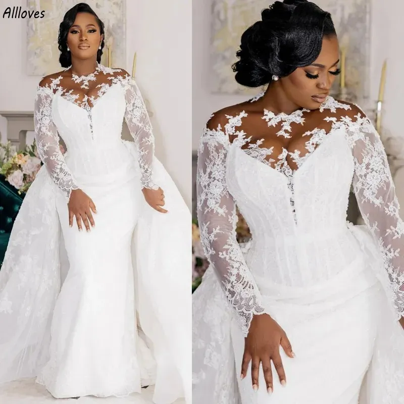 Robes de mariée africaines Aso Ebi sirène avec train détachable col transparent dentelle délicate appliquée grande taille robes de réception de mariée manches longues robes CL3294