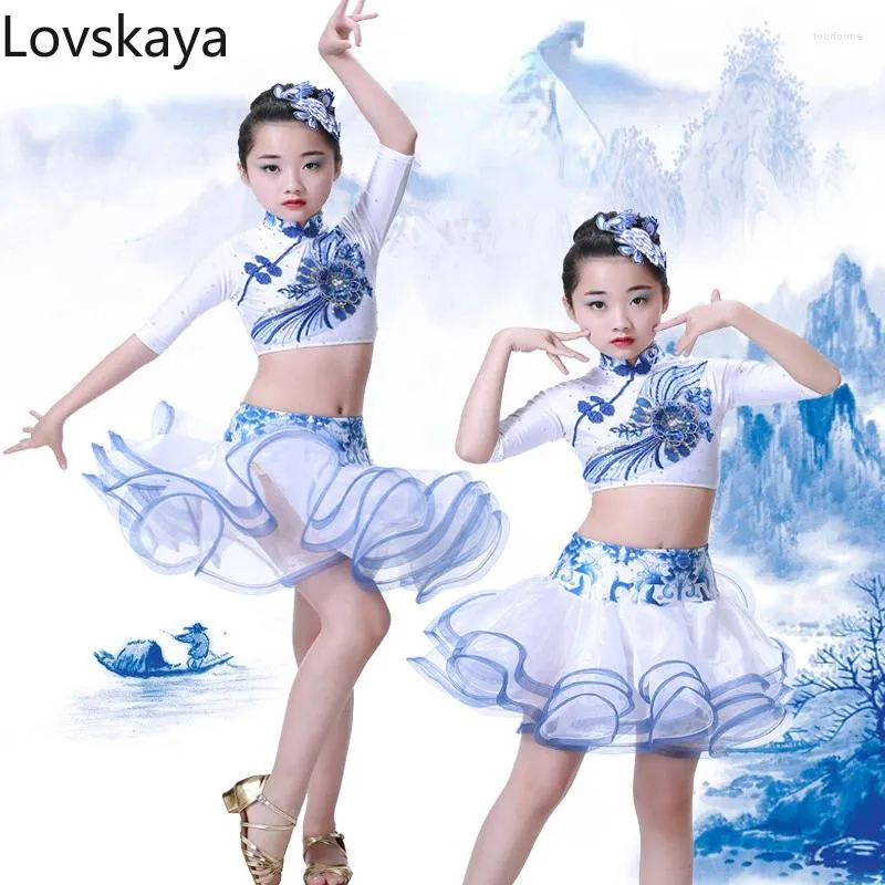 Stage Wear Children's Blue And White Porcelain Latin Dance Clothing Show Girl