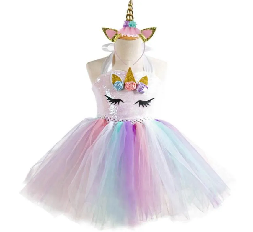 Neue Einhorn Mädchen Kleider Kinder Boutique Prinzessin Kleider Pailletten Geburtstag Party Tutu KleiderEinhorn Stirnband 2 Stück Kinderkleidung A371093585