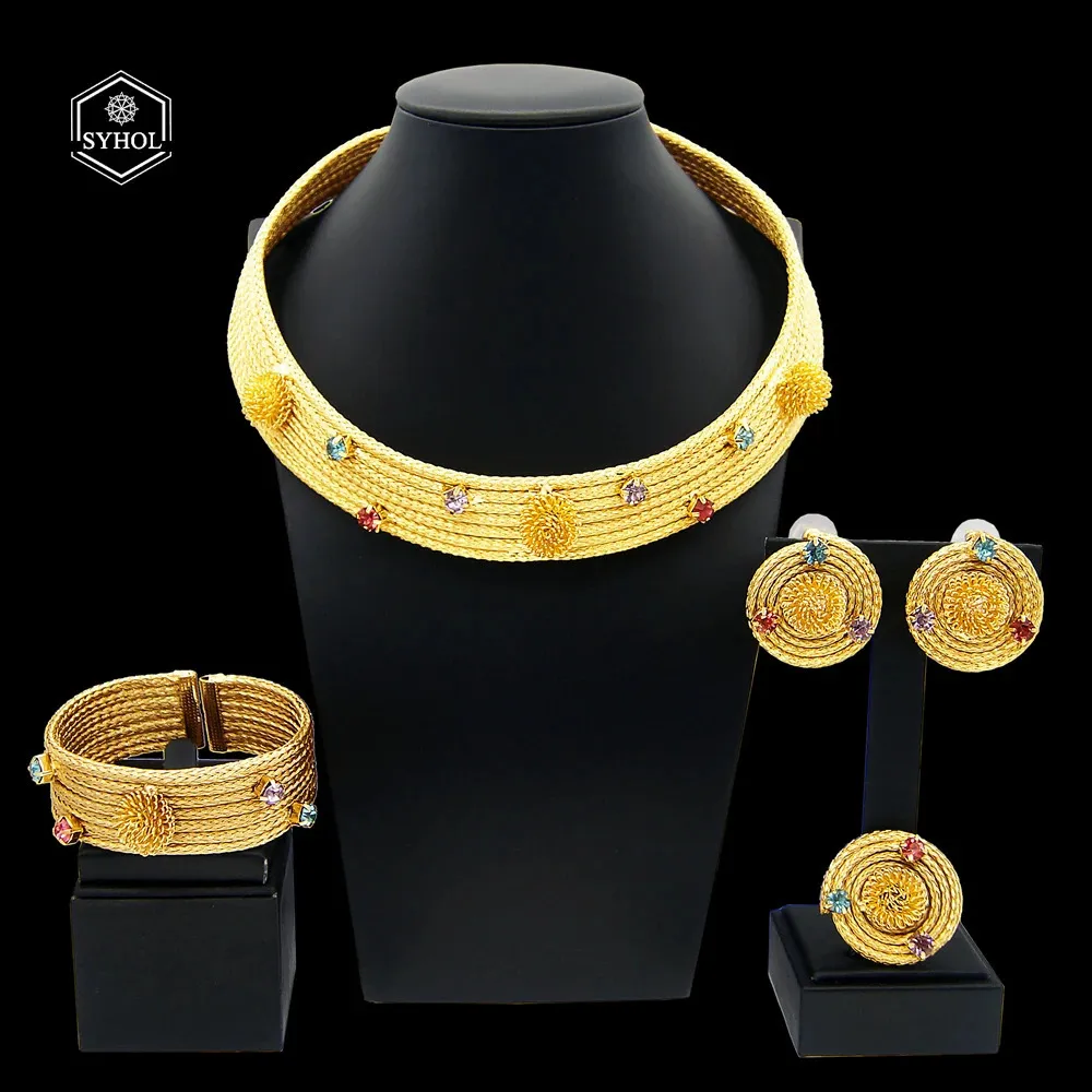 Syhol 24K Original Women Luxury Jewelry Set Colorful Rhinestone Gold Plated Necklace Classic Choker Style Wedding Banket 240202