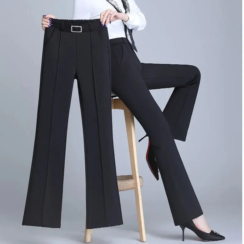 Office Lady Elegant Fashion Flare Pants Spring Autumn Diamonds High midja AllMatch Solid Women Casual Straight Trousers 240201