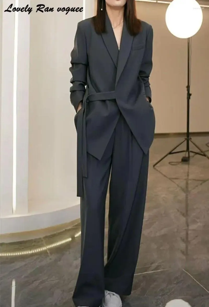 Damen Zweiteilige Hosen Büro Dame Blazer Set Elegante Spitze Up Langarm V-Ausschnitt Mantel Hohe Taille Gerade Hosenanzug 2024 Lässige Lose