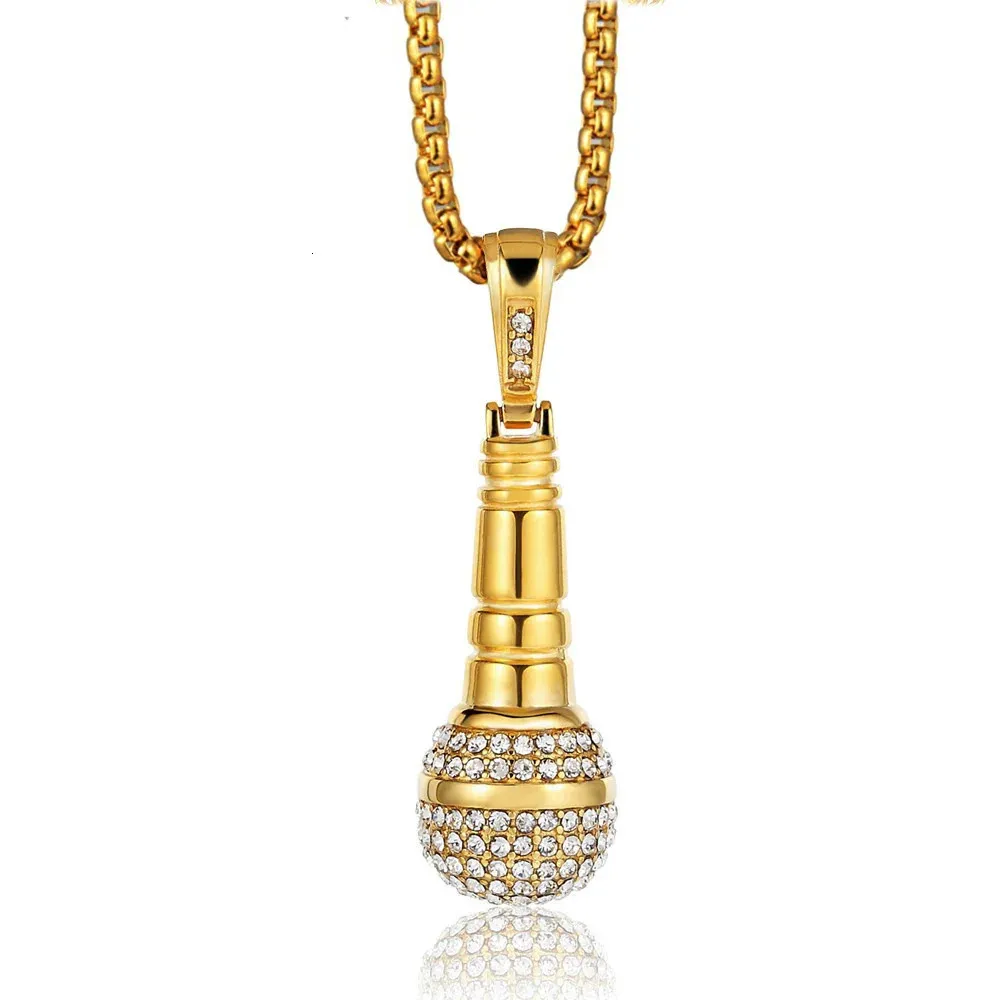 Hip Hop glacé Microphone pendentif colliers mâle couleur argent chaînes en acier inoxydable pour hommes Hiphop bijoux goutte 240131