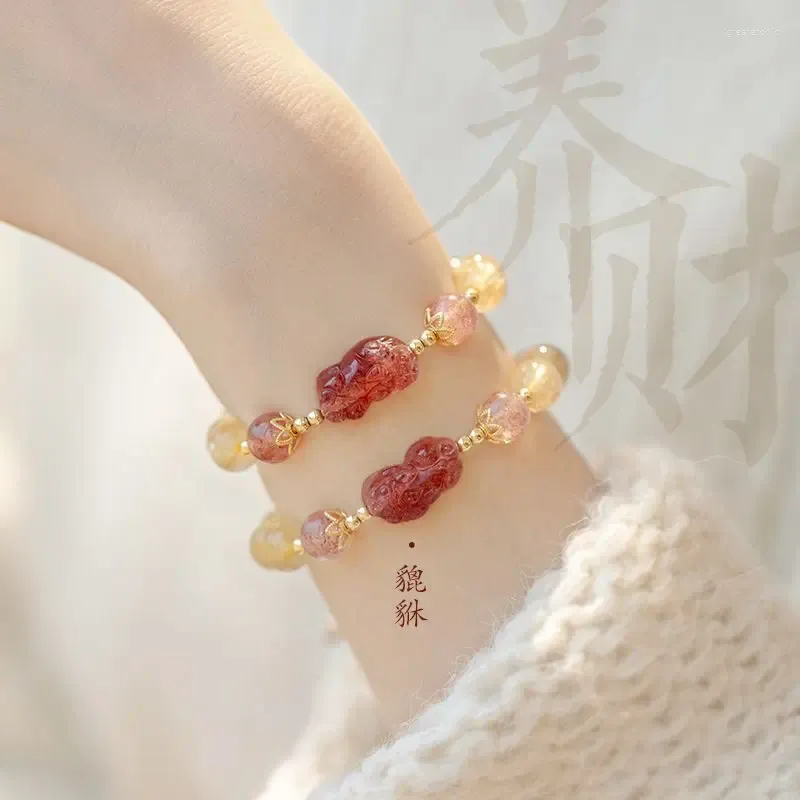 Bracelet Pi Xiu blond naturel à brins, dessin d'argent et changement de chance, fraise légère, luxe pour fille, Citrine