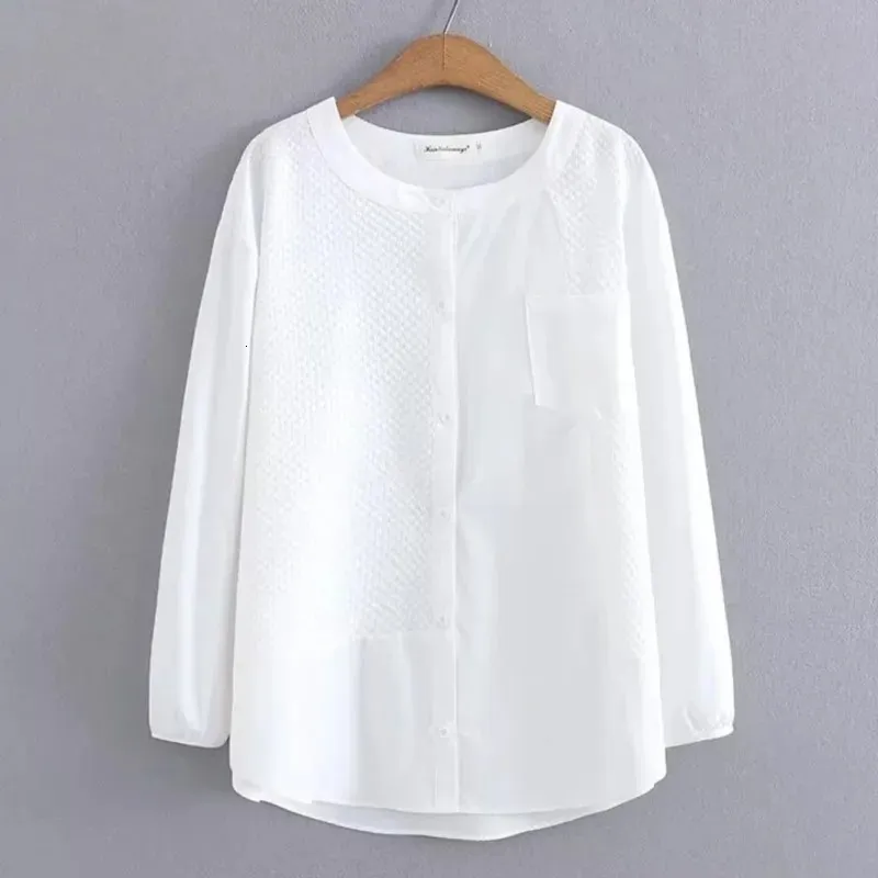 4XL Plus Size White Shirt Women Spring Stand Collar Single Pocket Cotton Blouse Long Sleeve Tops Oversized Curve Clothes 240202